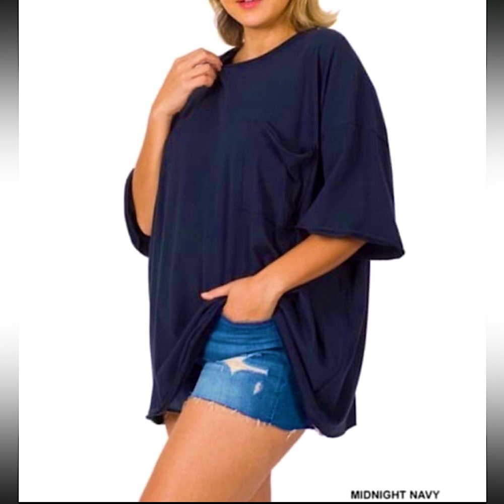 ZENANA Oversized Raw Edge Front Pocket Hi Low Tee Top - Picture 7 of 14